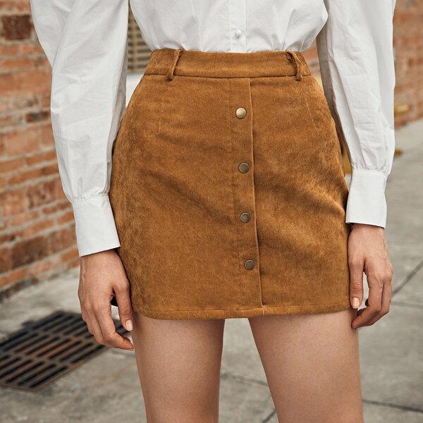 

Button Front Solid Cord Skirt, Brown