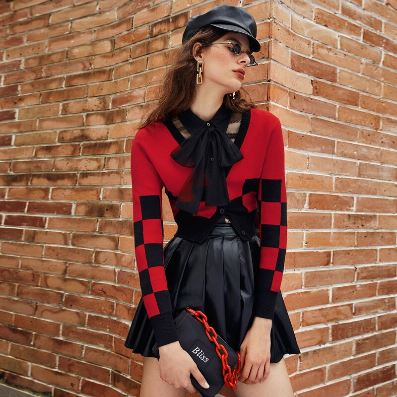 

Single Breasted Plaid Cardigan, Red