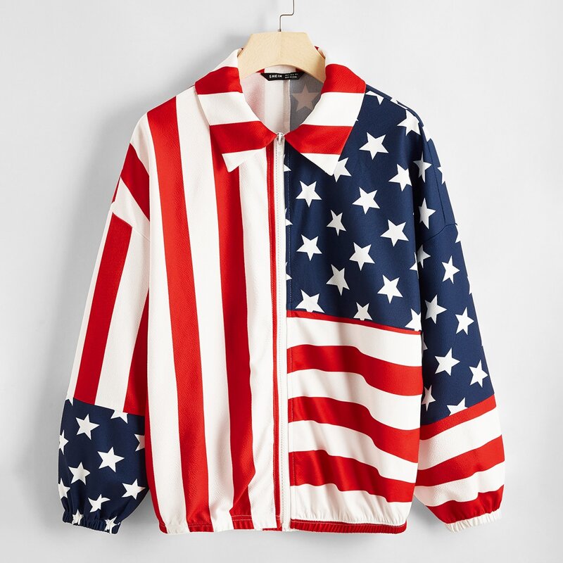 

American Flag Print Zipper Placket Jacket, Multicolor