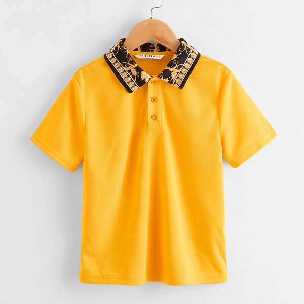 

Boys Scarf Print Collar Polo Shirt, Yellow