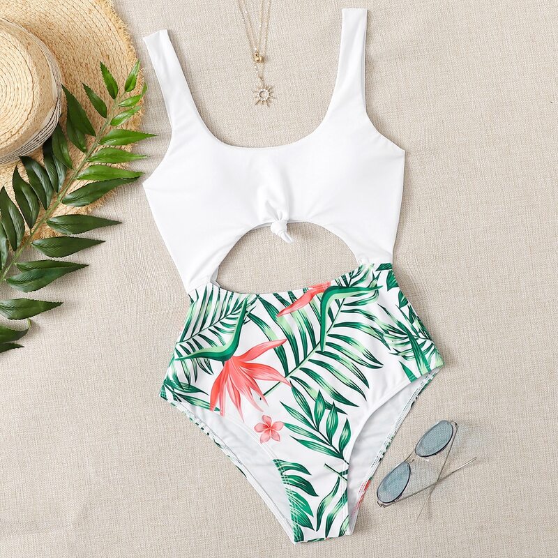 

Tropical Cut-out Knot Hem One Piece Swimsuit, Multicolor
