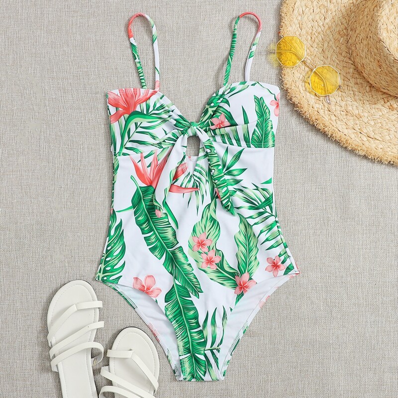 

Tropical Tie Front One Piece Swimsuit, Multicolor