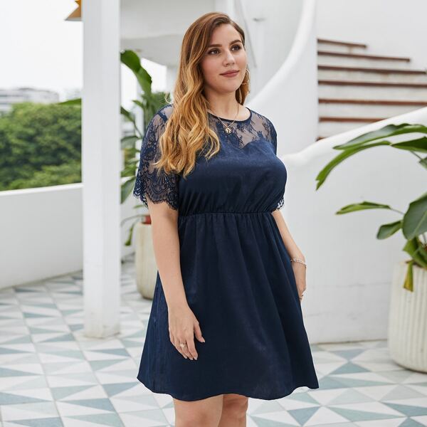 

Plus Contrast Lace A-Line Dress, Navy blue