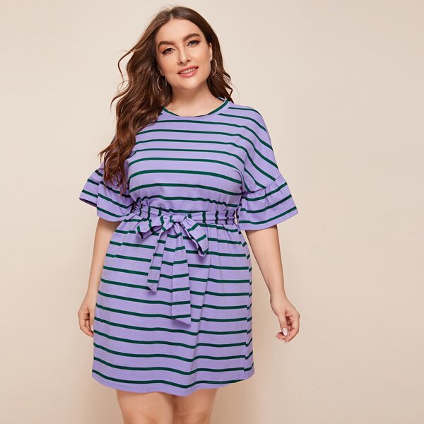 

Plus Flounce Sleeve Belted Striped Dress, Violet purple