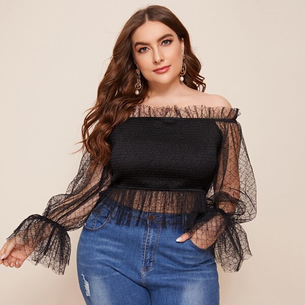 

Plus Off Shoulder Flounce Sleeve Sheer Mesh Detail Shirred Top, Black