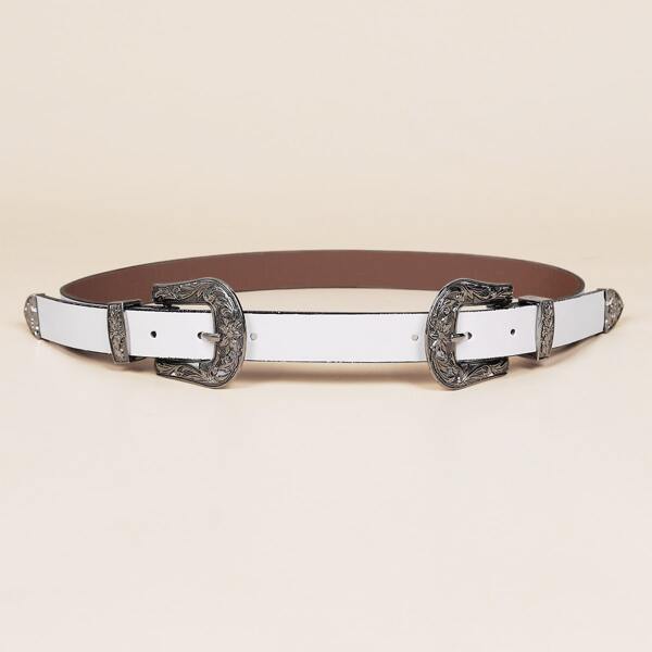 

Floral Pattern Double Buckle Belt, White