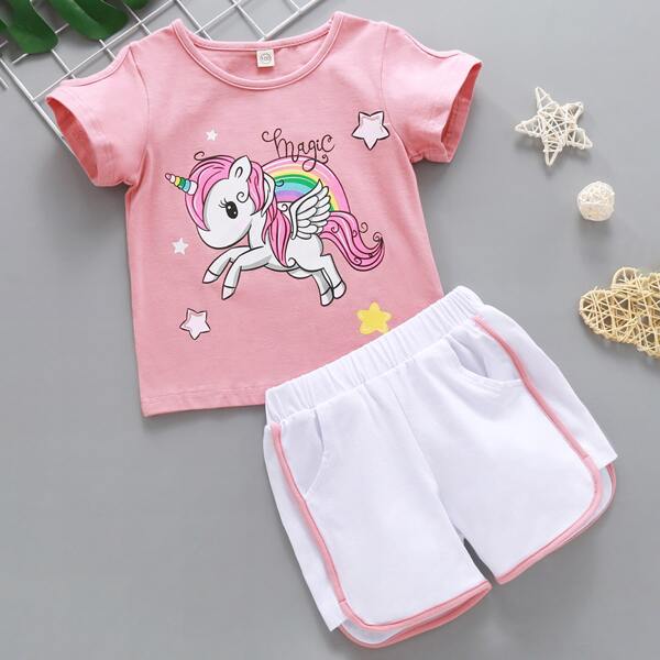 

Toddler Girls Cartoon Graphic Tee & Track Shorts, Multicolor