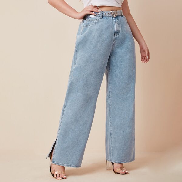

Plus Slant Pocket Split Side Wide Leg Jeans Without Belt, Light wash