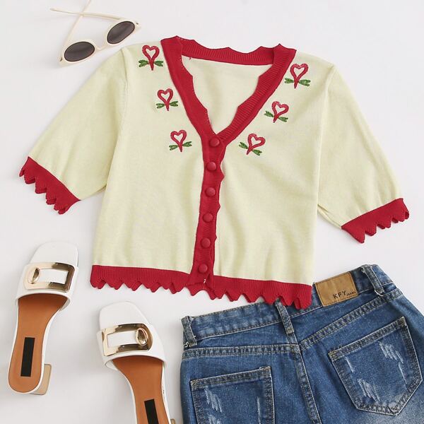 

Heart Embroidery Wave Edge Cardigan, Apricot
