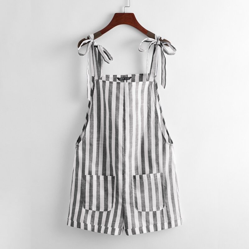 

Tie Shoulder Pocket Patched Two Tone Striped Cuffed Romper, Black and white