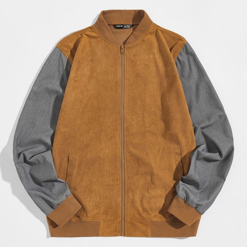 

Guys Colorblock Zipper Up Front Bomber Jacket, Brown