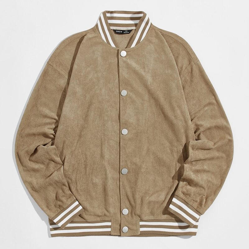 

Guys Single Breasted Contrast Striped Trim Suede Jacket, Khaki