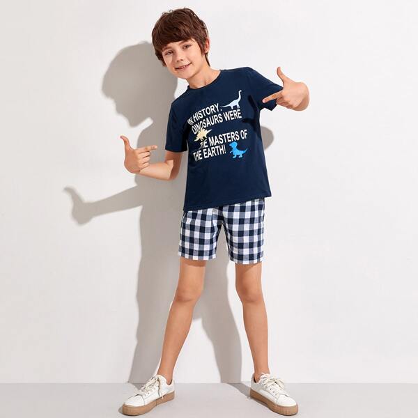 

Boys Dinosaur & Slogan Graphic Top & Buffalo Plaid Shorts Set, Blue and white