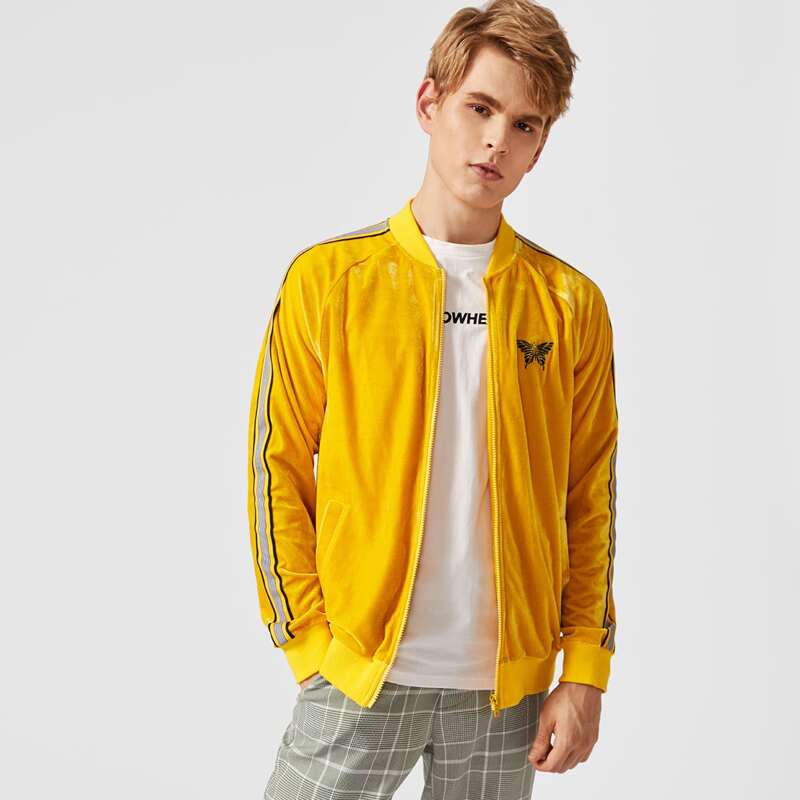 

Guys Butterfly Embroidered Striped Tape Velvet Bomber Jacket, Yellow bright