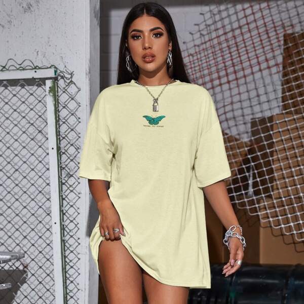 

Letter & Butterfly Graphic Longline Tee, Beige