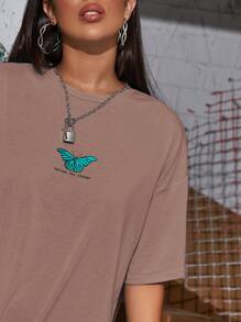 SHEIN Unity Letter & Butterfly Graphic Longline Tee - Apricot - View 3
