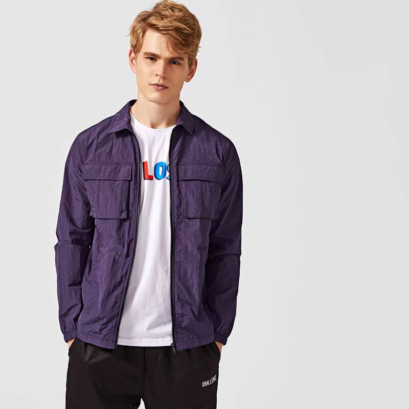 

Guys Flap Pocket Zipper Placket Wind Jacket, Purple