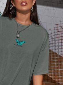 SHEIN Unity Letter & Butterfly Graphic Longline Tee - Grey - View 3