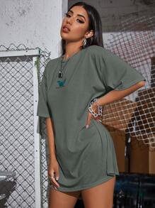 SHEIN Unity Letter & Butterfly Graphic Longline Tee - Grey - View 4