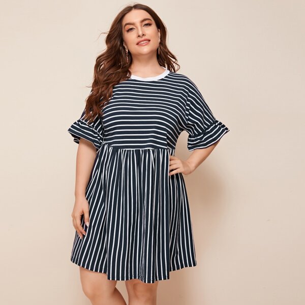 

Plus Ruffle Cuff Striped Smock Dress, Navy blue
