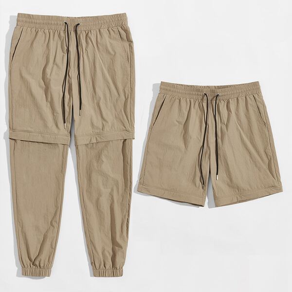 

Men Drawstring Waist Zipper Detail Removable Pants, Khaki