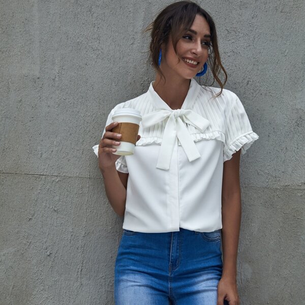 

Tie Neck Pleated Yoke Blouse, White