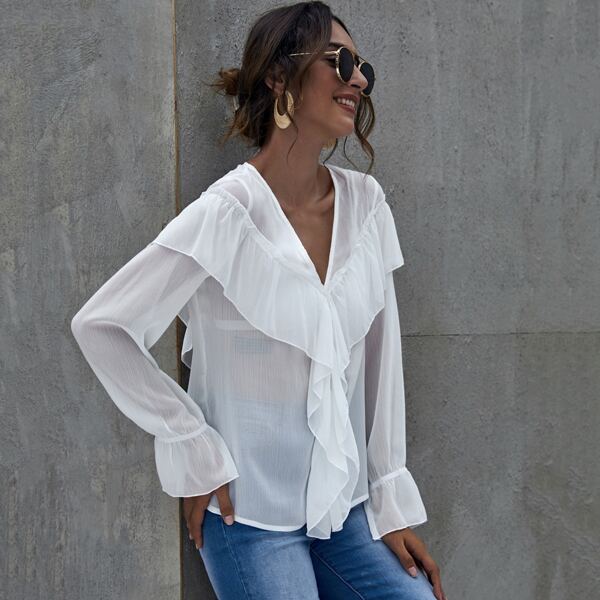 

V Neck Ruffle Trim Blouse Without Bra, White
