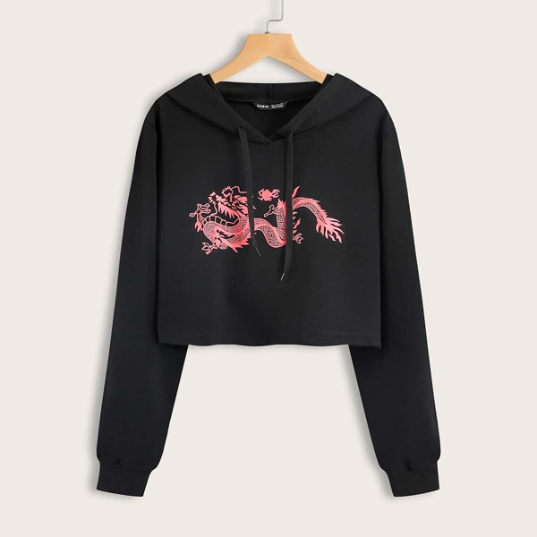 

Dragon Print Drawstring Crop Hoodie, Black