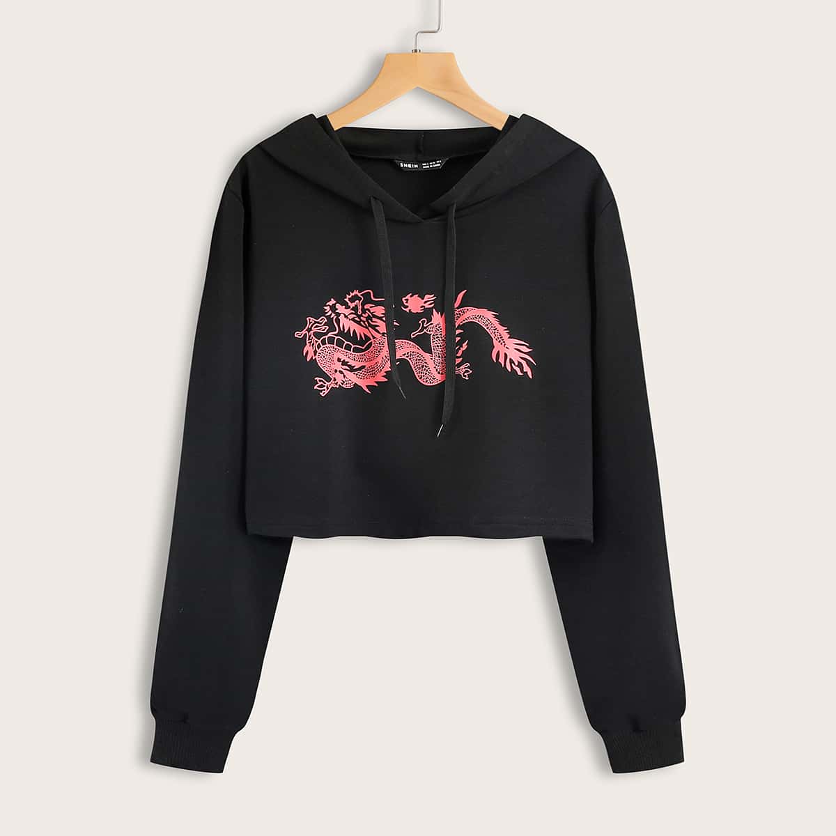 

Dragon Print Drawstring Crop Hoodie, Black
