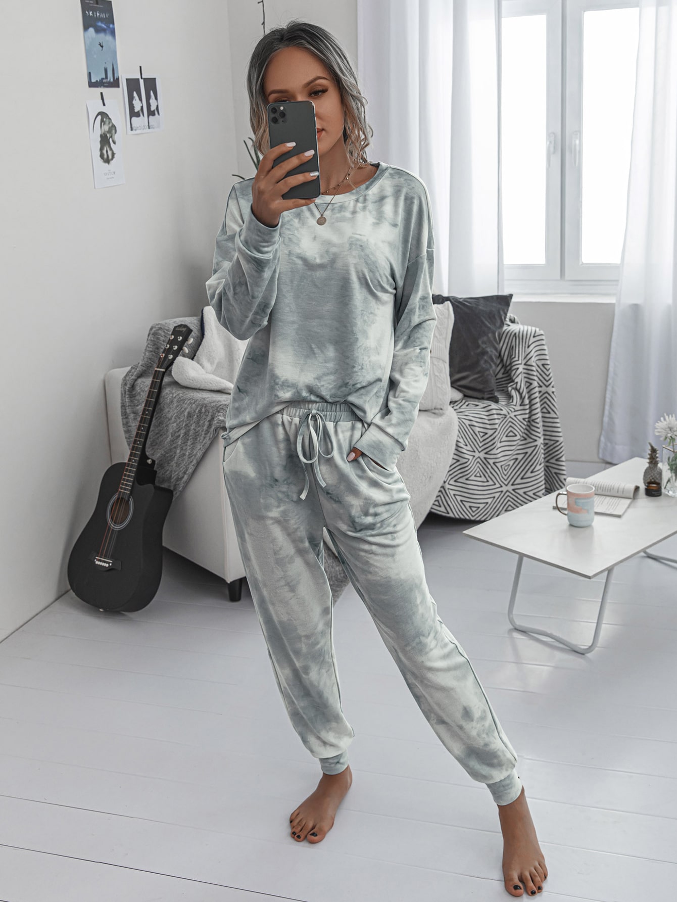Tie Dye Drop Shoulder Top With Knot Sweatpants thumbnail