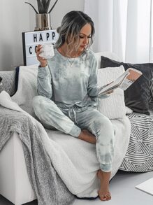 紮染落肩上衣帶結飾運動褲 - 淺灰色 - 查看 3