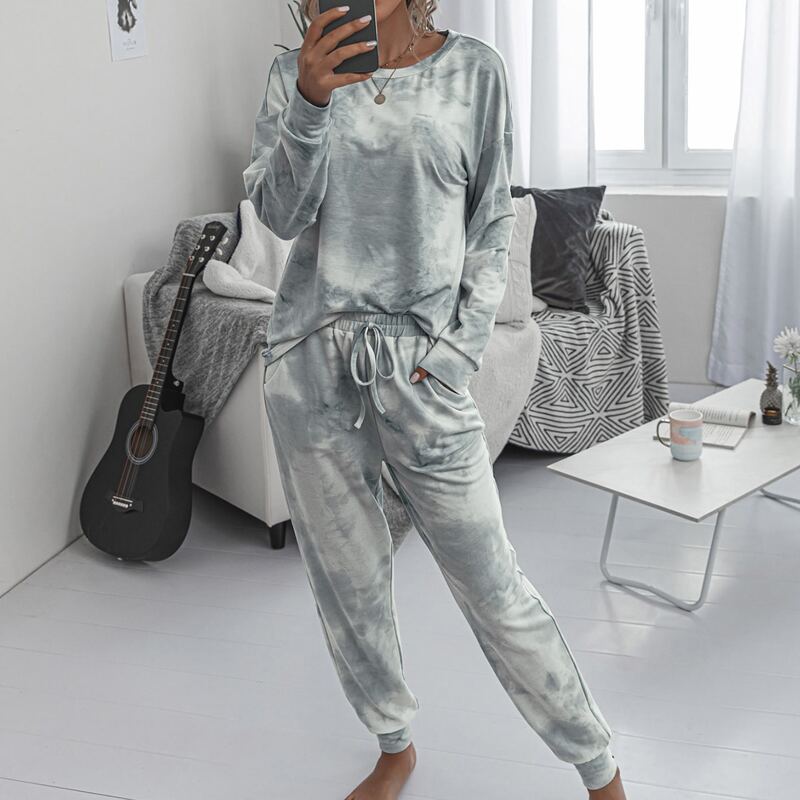 

Tie Dye Drop Shoulder Top With Knot Sweatpants, Light grey