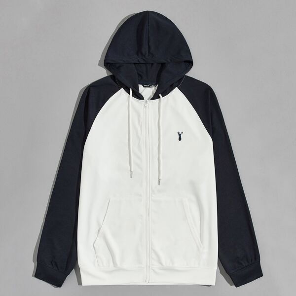 

Men Raglan Sleeve Elk Embroidered Colorblock Jacket, White