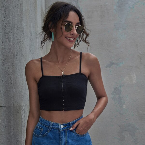 

Hook And Eye Rib-knit Crop Cami Top, Black