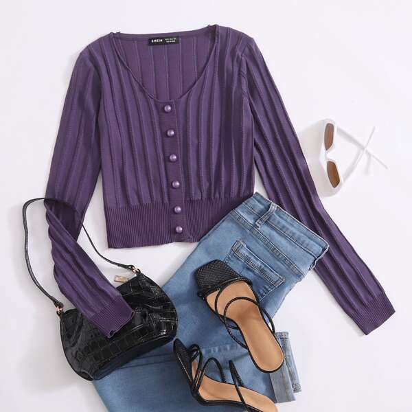 

Button Front Crop Cardigan, Purple