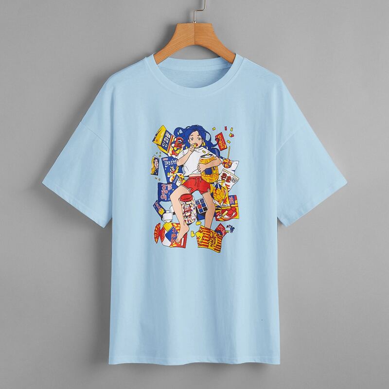 

Girl & Snacks Graphic Oversized Tee, Baby blue