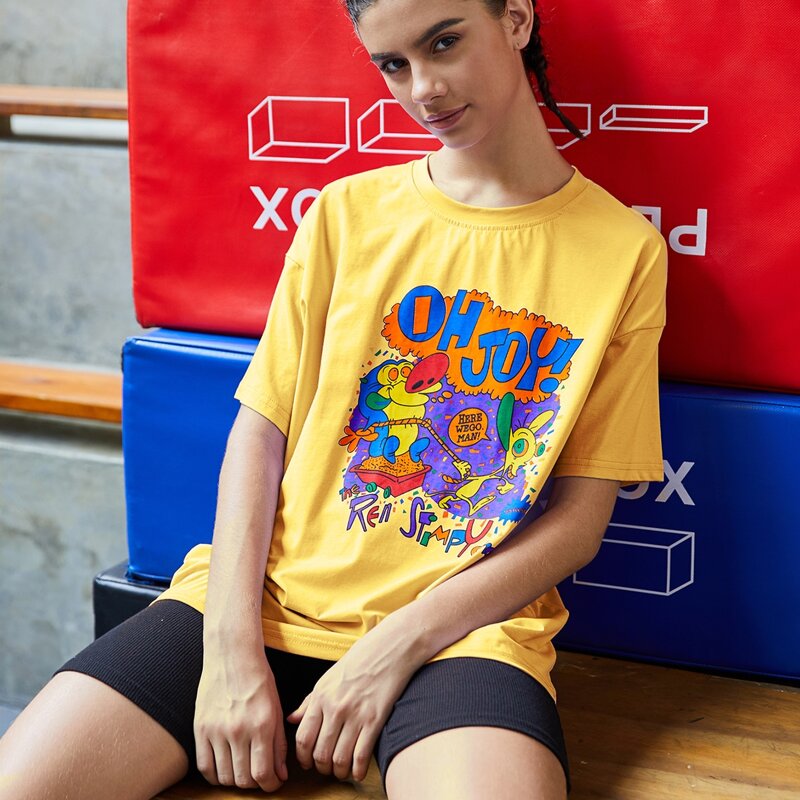 

Cartoon & Letter Graphic Oversized Tee, Yellow