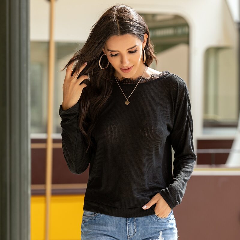 

Solid Tie Back Contrast Lace Sweater, Black