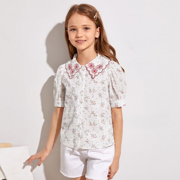 

Girls Embroidered Detail Peter Pan Collar Swiss Dot Blouse, White