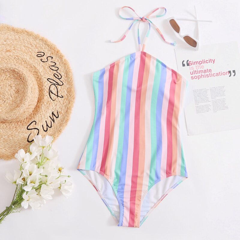 

Rainbow Stripe Halter One Piece Swimsuit, Multicolor