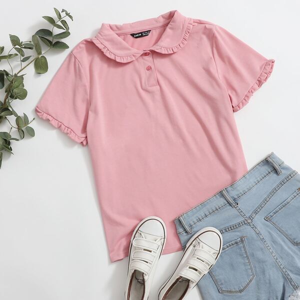 

Solid Frill Trim Peter Pan Collar Tee, Dusty pink