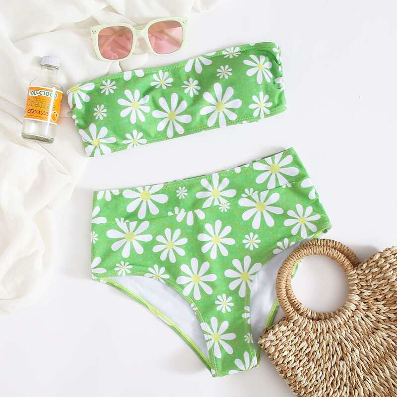 

Floral Bandeau High Waist Bikini Swimsuit, Green
