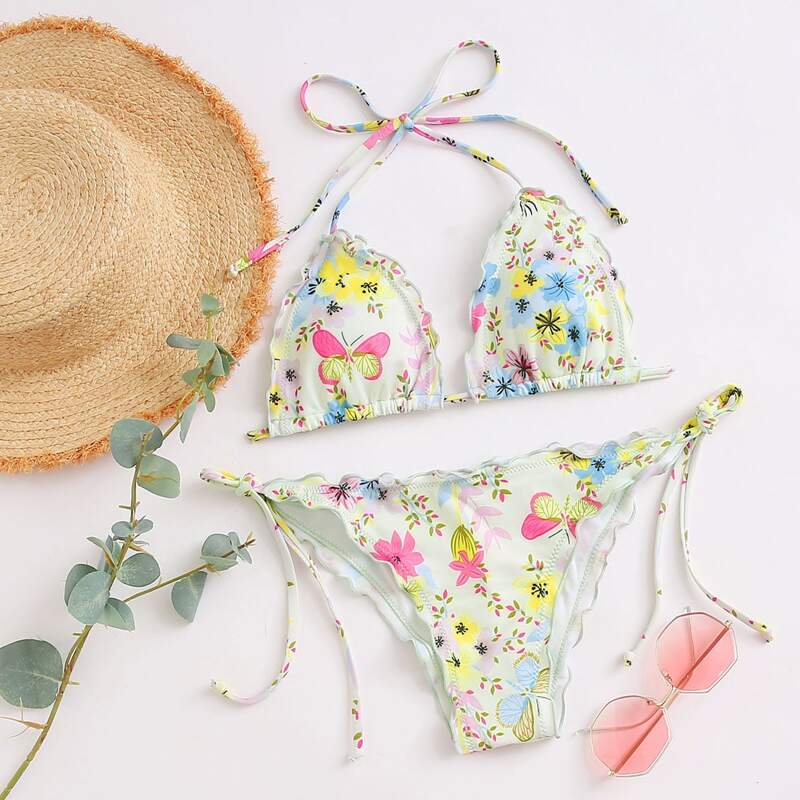 

Floral Triangle Tie Side Bikini Swimsuit, Multicolor