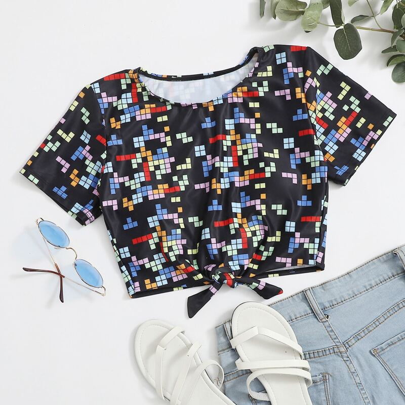 

Tetris Print Knot Tee Bikini Top, Black