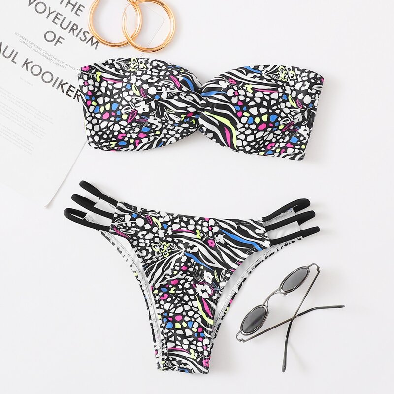 

Graphic Ladder Cut-out Bikini Swimsuit, Multicolor