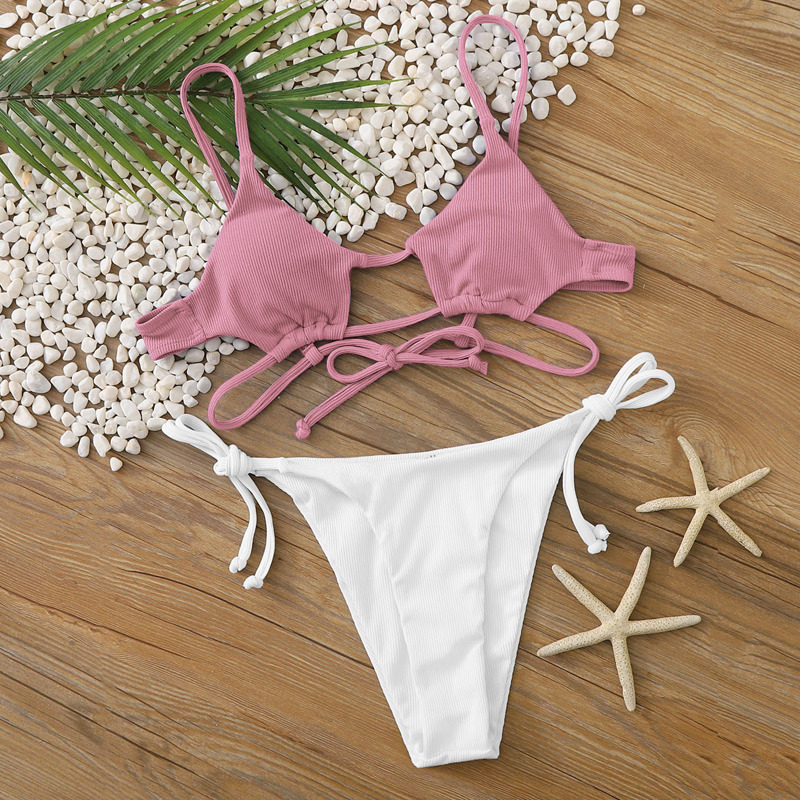

Rib Cut-out Tie Side Bikini Swimsuit, Red and white