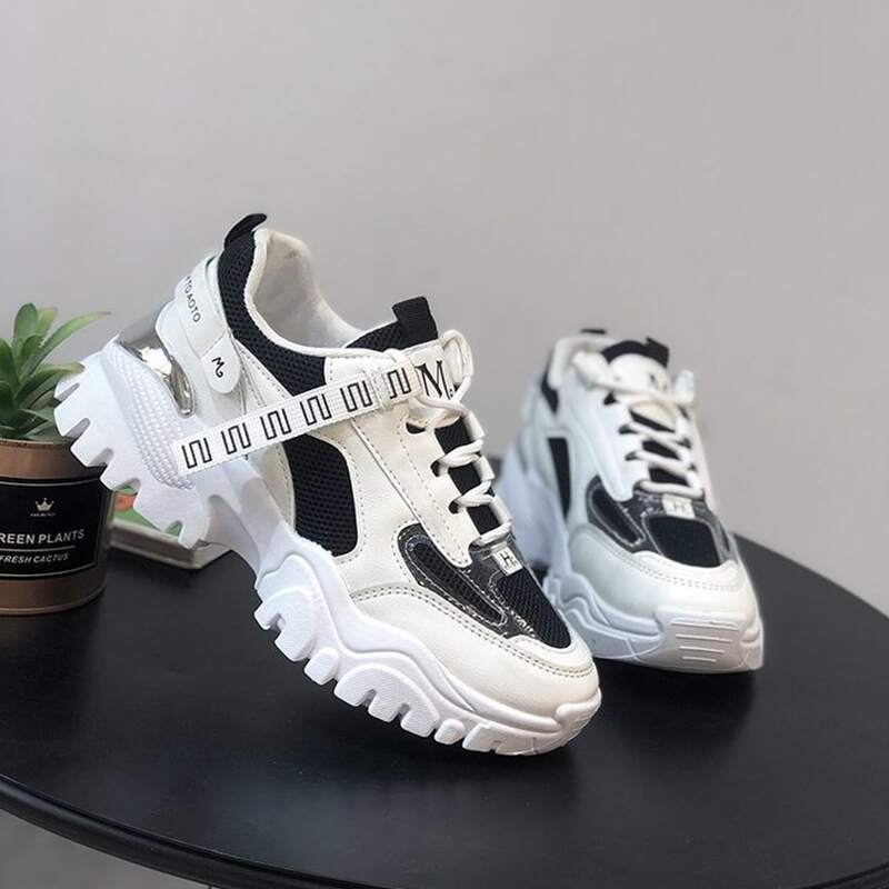 

Colorblock Lace-up Chunky Sneakers, Black and white