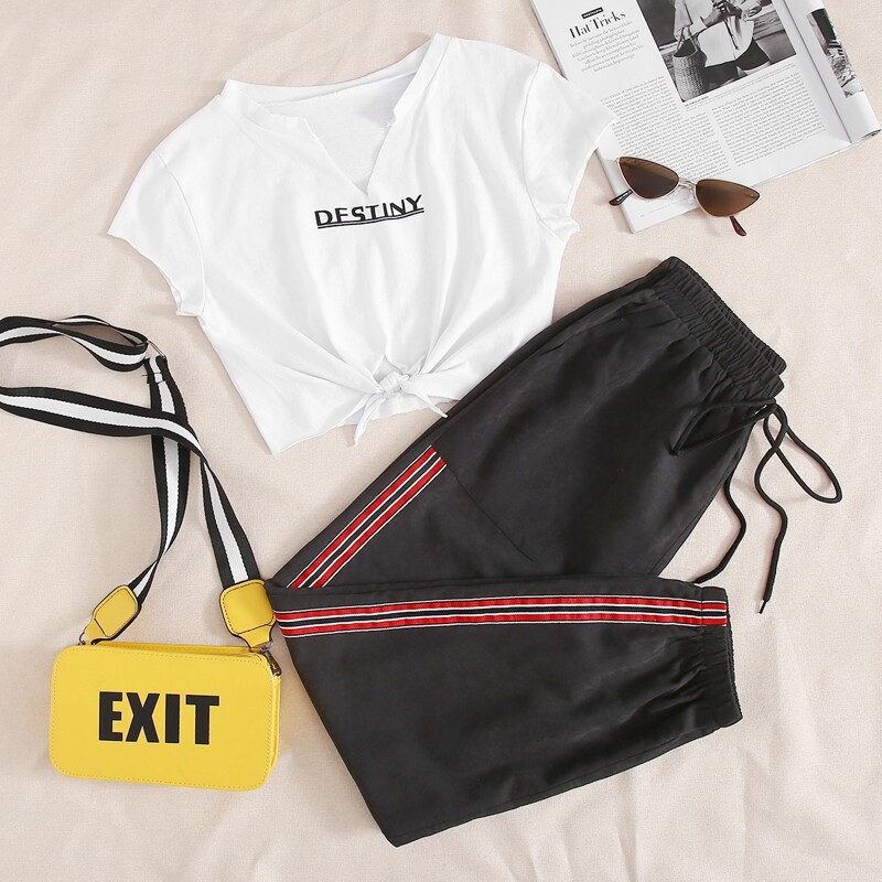 

Letter Graphic Knot Tee With Side Stripe Pants, Black and white