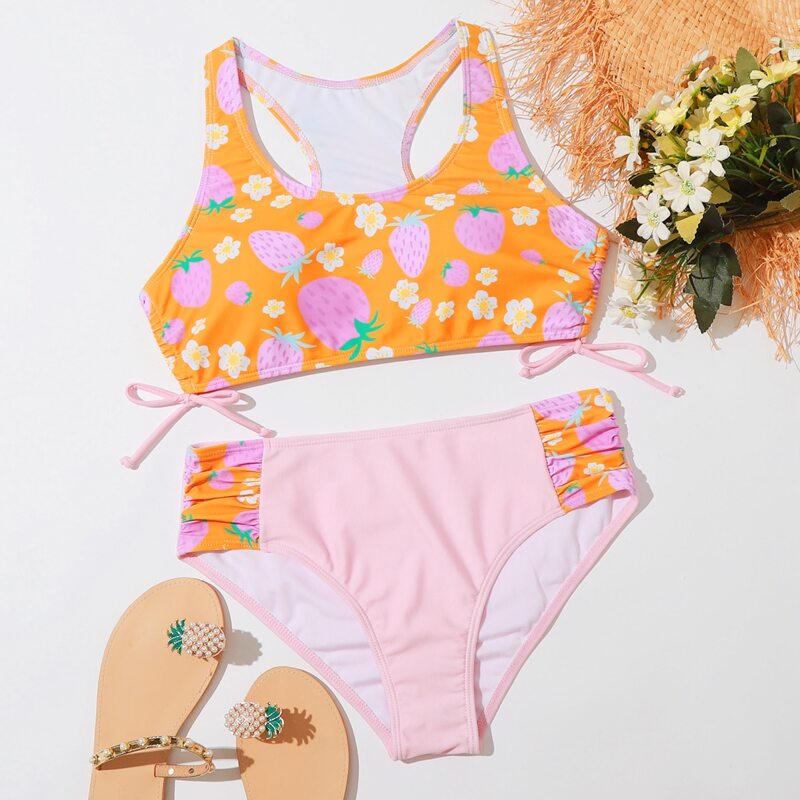 

Strawberry & Floral Print Drawstring Bikini Swimsuit, Multicolor