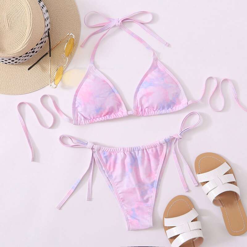 

Tie Dye Halter Tie Side Bikini Swimsuit, Pastel baby pink